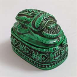 Handmade Egyptian scarab box with pharaonic carvings – unique green decor piece