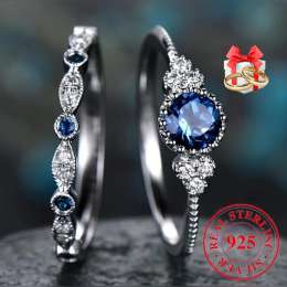 925 Silver Rings Pair With Blue Sapphire & Cubic Zirconia Elegant Women Jewelry