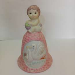 Vintage Ceramic Bell Baby Figurine Colorful Infant Collectible Bird Theme Gift