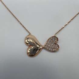 New Elegant 14K Solid Gold Italian Necklace – Double Heart Pendant with CZ 3.3g