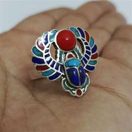 925 silver adjustable ring with scarab, turquoise, coral, lapis, enamel Unique