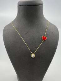 New 14K Solid Gold Necklace Italy – Red Enamel Heart & Solitaire Pendant 2.2g