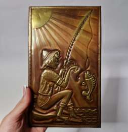 Vintage Embossed Metal Wall Plaque – Fisherman & Catch 