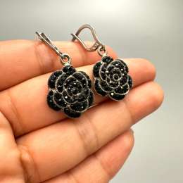 Vintage 925 Sterling Silver Black Rose Earrings with Cubic Zirconia