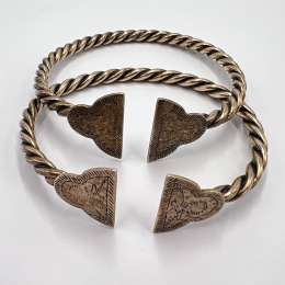 Antique Ethnic Tribal Bracelets Pair Israel 925 Silver Gold Plated Engraved 88g