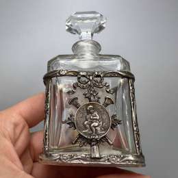 Antique Italian Glass Perfume Bottle Bronze Silver Plate Frame Putti Medallion