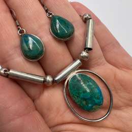 Vintage Sterling Silver 925 Jewelry Set Chrysocolla Stone Necklace Earrings 12g