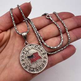 Vintage Italy 925 Sterling Silver USA Flag Pendant Necklace Enamel Stars