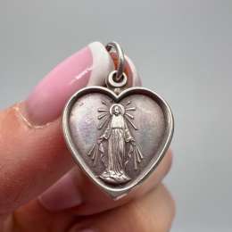 Vintage Sterling Silver 925 Heart Medal Pendant - Virgin Mary Religious Charm
