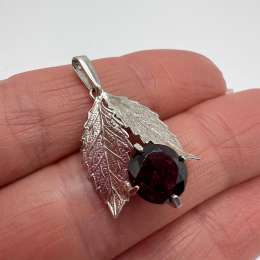 1970s Vintage 835 Silver Leaf Pendant Red Stone German Women's Jewelry Signed