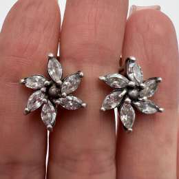 Vintage Pair Of Stud Earrings Sterling Silver 925 Zircons Jewelry Women's 5.63gr