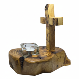 Olive Wood Cross Candle Holder Set | Rustic Christian Religious Gift Decor