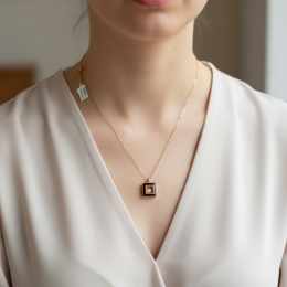 14K Yellow Gold Necklace Black Enamel Square Diamond Pendant Modern Women's