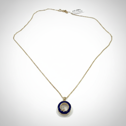 14K Yellow Gold Blue Enamel Circle Pendant Necklace Diamond Accent Fine Jewelry