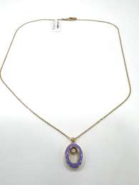 14K Yellow Gold Lilac Enamel Oval Pendant Necklace Sparkling Stone Dainty Charm