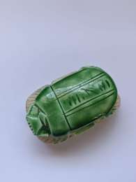 Handmade Egyptian Green Faience Scarab Beetle Amulet with Hieroglyphs