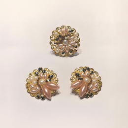 Gold Tone Pearl Crystal Floral Jewelry Set | Statement Ring & Drop Earrings Gift