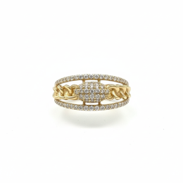 14K Yellow Gold CZ Chain Link Double Band Pave Oval Ring Size 8 Fine Jewelry