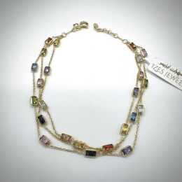 14K Gold Triple Layer Multi-Color Zircon Rectangular Gemstone Necklace Women