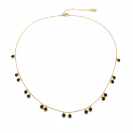 14K Yellow Gold Black Zircon Necklace Dainty Bezel Set Drop Chain Minimalist Gift