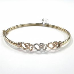 14K Solid Gold Tri-Color Interlocking Hearts Bangle Bracelet Diamond Cut Women's Gift