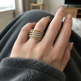 14K Solid Yellow Gold Multi-Layer Open Band Ring Twisted CZ Cubic Zirconia Women