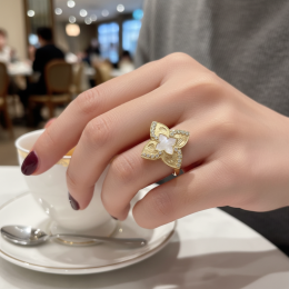 14K Solid Yellow Gold Mother of Pearl Flower CZ Ring 585 Hallmark