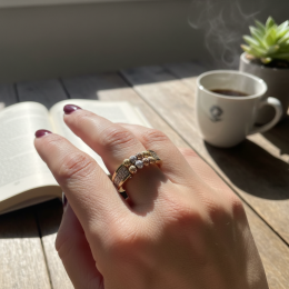 14K Solid Gold Tri-Tone Beaded Zircon  Ring Yellow White Rose Italian Wome