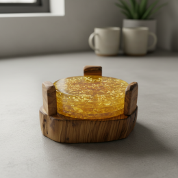 Luxury Gold Flake Resin Coasters Set with Wood Holder - Elegant Drink Mats