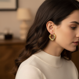 14K Solid Yellow Gold Diamond Cut Geometric Heart Hoop Earrings Women's 585