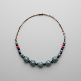 Artisan Ceramic Beaded Necklace Teal Blue Red Adjustable Cord Boho Statement Women Gift