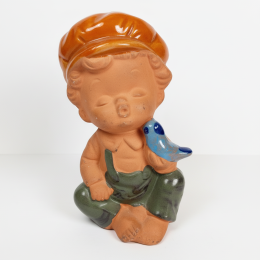 Vintage Japanese Terracotta Boy Figurine Blue Bird Handmade Clay Statue