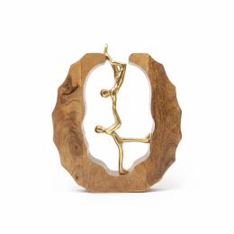 Abstract Brass Human Balance Sculpture Natural Wood Frame Modern Decor Art Gift