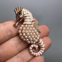 Vintage Seahorse Brooch Gold Tone Pearl Enamel Pin Nautical Jewelry Gift for Her