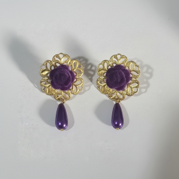 Handmade Floral Earrings Purple Drop Gold Tone Dangle Unique Elegant Design Women Gift