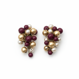 Handmade Cluster Earrings Gold Burgundy Beads Unique Artistic Design