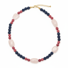 Handmade Blue Lava & Pink Rose Quartz Gemstone Beaded Necklace for Women