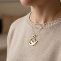 14K Yellow Gold Dove Pendant Zircon Stone Peace Hope Purity Fine Jewelry Charm
