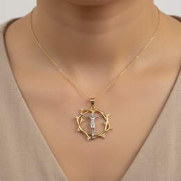 14K Two-Tone Gold Crucifix Pendant Crown of Thorns Jesus Faith Symbol Charm