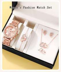 6pcs set rose gold luxury watch women ring necklace earring rhinestone fashion