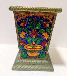Vintage Box Tin & Brass on Wood Colorful Hand Carved Asian Vase Scene Made India