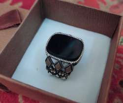 New Men Ring with Black Onyx Stone with Pattern 925 Sterling Silver Handmade