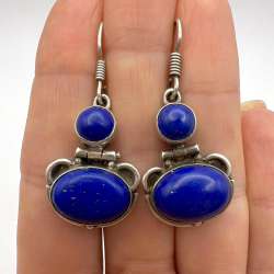 Huge-Vintage-Jewelry-Stud-Earrings-Sterling-Silver-925-Lapis-Lazuli-Gemstone-10g