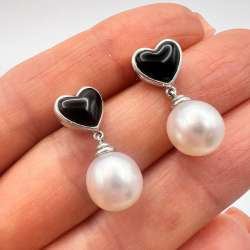 Vintage Jewelry Earrings Hearts Sterling Silver 925 Mother of Pearl Onyx 4.8 gr