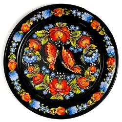 Petrikovskaya hand-painted wooden round plate with butterflies and flowers