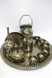 Antique-vtg-Set-arabic-brass-copper-Solid-Coffee-Tea-Dallah-Engraved-plate-cup