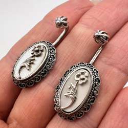 Big Vintage USSR Silver 875 Women's Jewelry Stud Earrings Cameo Flower Signed