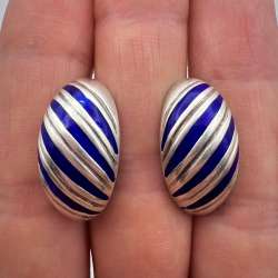 Big Vintage USSR Silver 875 Blue Enamel Women's Jewelry Stud Earrings Signed 8gr