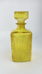 Vintage Beautiful Yellow Cut Glass Square Based Spirt Decanter With Lid 676gr