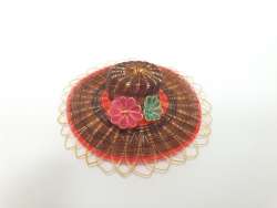 Straw hat embroidered with raffia & velvet ribbon. Miniature decoration handmade